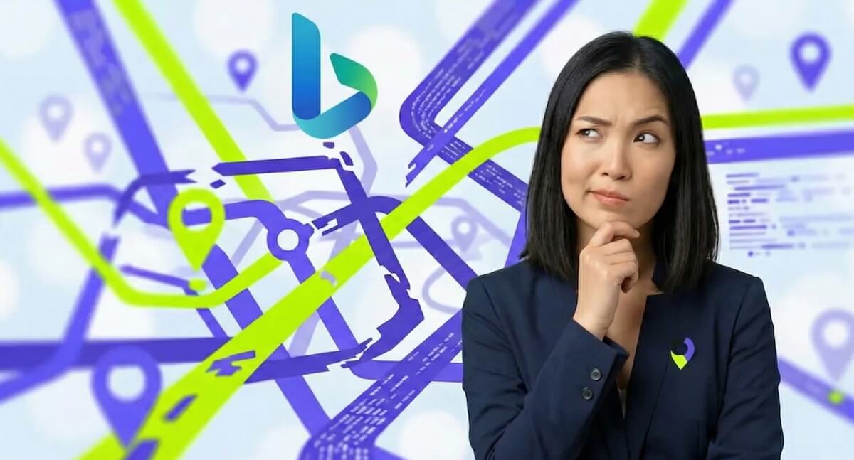 A woman with an overwhelmed expression, wearing a navy blue structural collarless blazer and a purple and green brand pin, stands on the right side of the frame, looking towards a complex, tangled abstract background representing difficult digital management and data chaos.