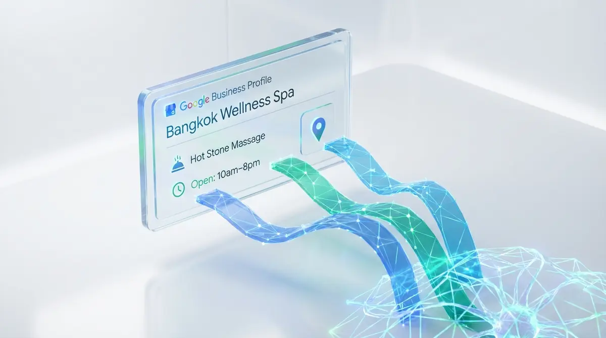 Premium 3D render, isometric view, a floating glass UI card representing a Google Business Profile for a Bangkok spa, data points like 