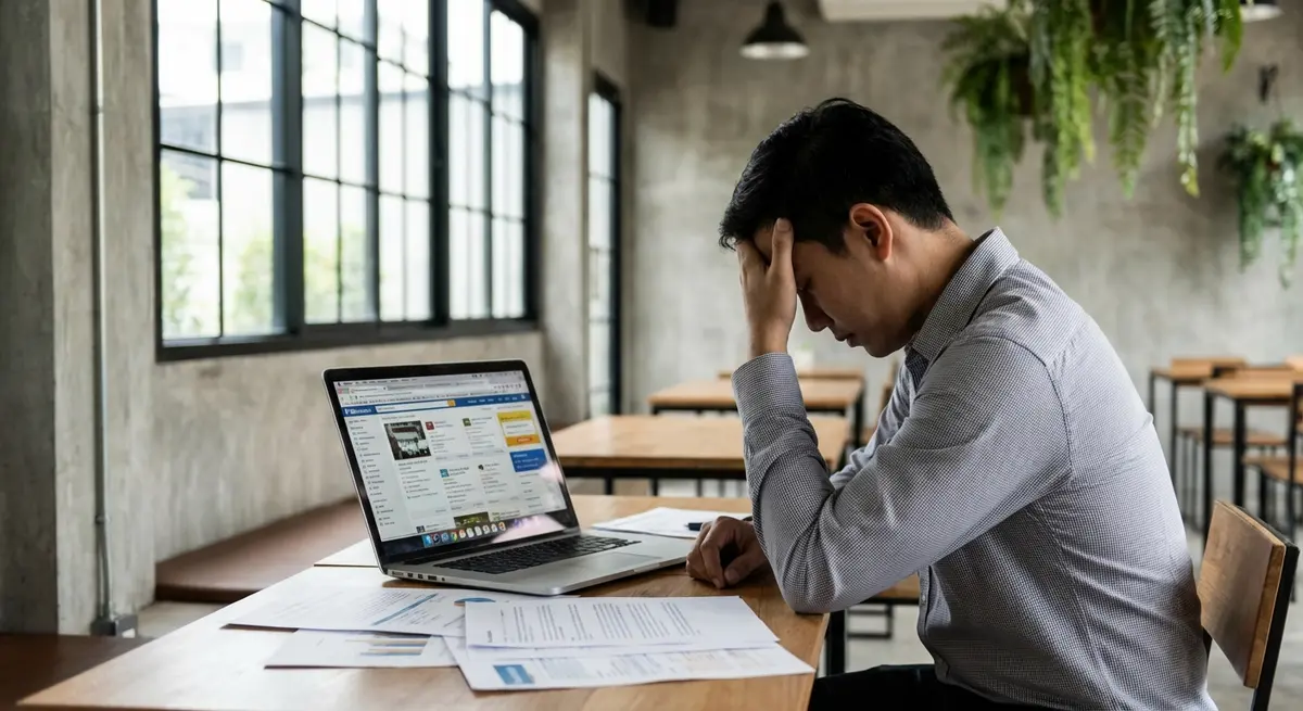 High-end editorial photography, a 30s Thai male business owner looking stressed and overwhelmed, sitting at a desk in his modern, minimalist cafe in Bangkok, his laptop is open showing multiple confusing business listing websites, background is clean and slightly blurred, lit with cool, natural morning light, candid, authentic emotion.