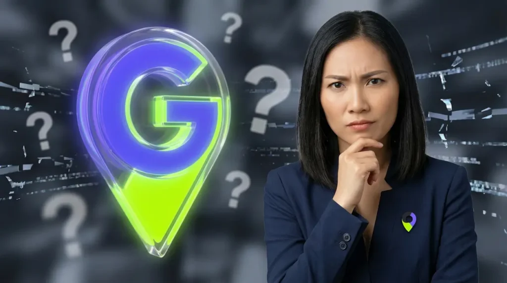 Aiyah, with a skeptical expression and one hand touching her chin in thought, wears a navy blue structural collarless blazer with a purple and green brand pin. She is positioned against a blurred background of a stylized 3D glass Google Maps pin and Google 'G' logo, accented with glowing question marks and abstract data streams in brand purple and neon green.