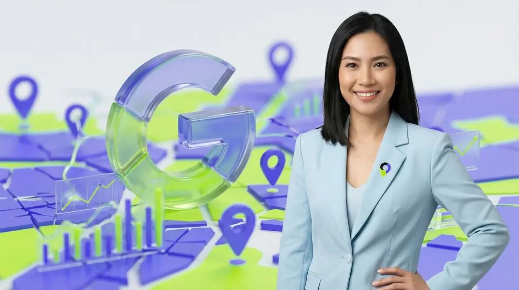 Aiyah, looking confident and poised in a modern icy-blue professional blazer with a purple and green brand pin, stands against a blurred background of a glowing, stylized 3D glass Google 'G' logo. The logo is integrated with shifting map pins and algorithm graphs, rendered in brand purple and neon green, signifying optimized navigation and digital presence for businesses in a tech-driven landscape.