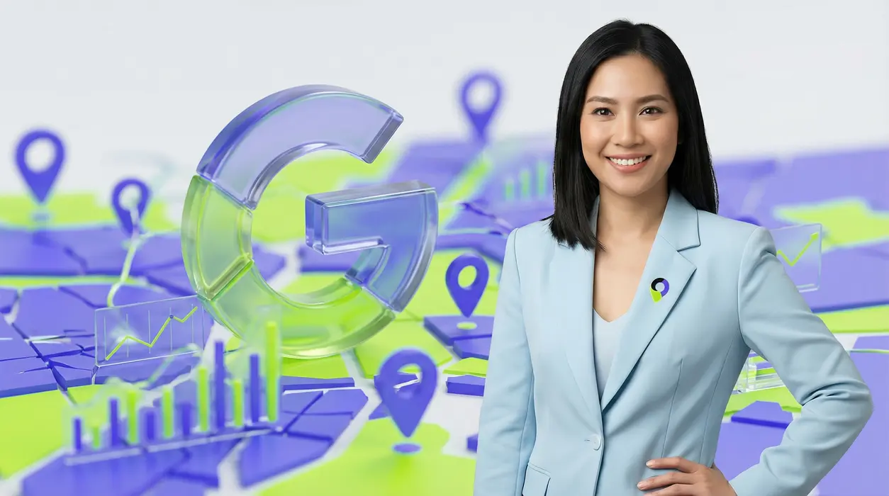 Aiyah, looking confident and poised in a modern icy-blue professional blazer with a purple and green brand pin, stands against a blurred background of a glowing, stylized 3D glass Google 'G' logo. The logo is integrated with shifting map pins and algorithm graphs, rendered in brand purple and neon green, signifying optimized navigation and digital presence for businesses in a tech-driven landscape.