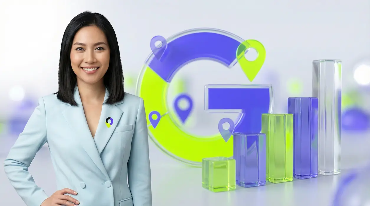 Aiyah, with a confident expression, wears a modern icy-blue professional blazer adorned with a purple and green brand pin. She stands against a heavily blurred background featuring a stylized 3D glass Google 'G' logo, glowing map pins, and a rising bar chart, all rendered in the brand's signature purple and neon green colors.