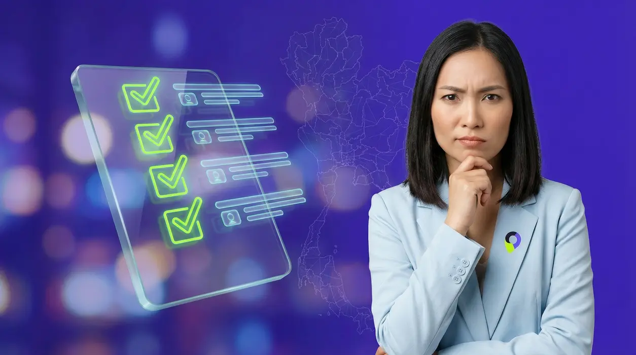 Aiyah, a woman with a skeptical yet thoughtful expression, wearing a modern icy-blue professional blazer and a brand pin, her hand touching her chin. She is positioned against a background featuring a translucent 3D glass tablet with glowing neon green checkmarks and holographic list items, subtly layered over a faint wireframe map of Thailand, symbolizing guidance for optimizing businesses for AI.