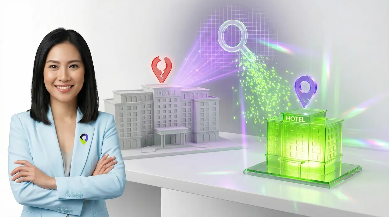 A confident woman against a bright, futuristic tech background, where a holographic search icon directs a flow of neon green customer traffic towards a glowing glass architectural model, bypassing a dull, inactive matte-white hotel model, illustrating a guide to becoming unmissable on Google Maps.