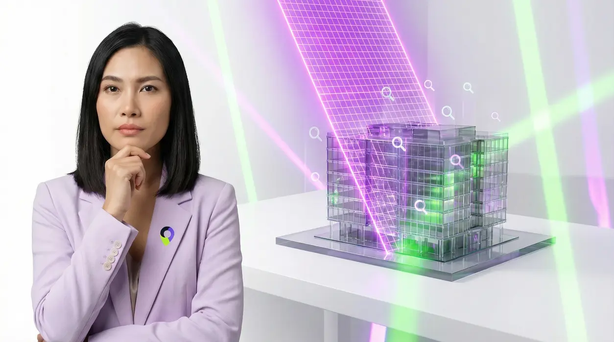 Aiyah, with an analytical and thoughtful expression, observes a 3D glass architectural model on a pristine white studio desk, as a neon purple grid scanner refines its features and holographic search icons integrate, causing the model to glow with new inner light.