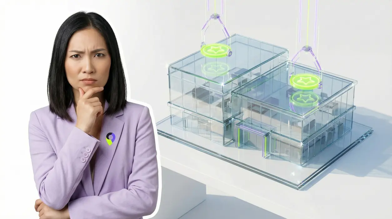 Aiyah, looking skeptical and thoughtful, observes a futuristic 3D glass architectural model of a clinic with holographic tools placing glowing five-star badges on its roof, set against a bright, high-key studio background.