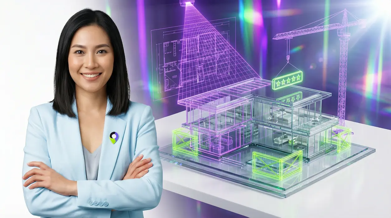A confident woman against a bright, futuristic background where a purple grid beam scans a 3D glass architectural model of a luxury spa, revealing neon green structural elements and a 5-star badge being lowered by a holographic crane.