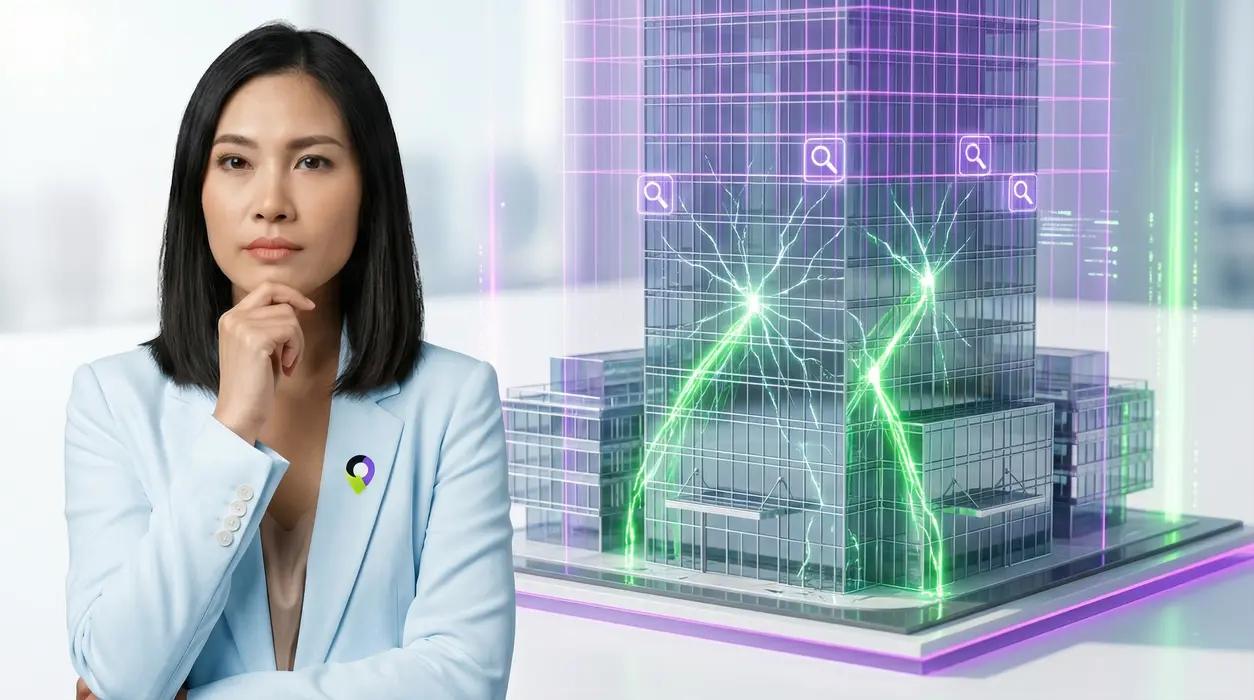 Aiyah, looking analytical and focused, stands to the left of a dynamic scene. A detailed 3D glass architectural model of a modern city business is illuminated by a purple grid digital scanner, with holographic search icons floating within the beam. Neon green light streams are actively repairing glowing cracks on the building's facade, restoring its pristine, transparent finish and making it glow with success.