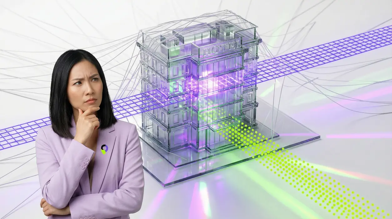 A woman with a skeptical expression observing a 3D glass architectural model of a hotel being scanned by a purple grid beam, dissolving a chaotic web of white lines, as neon green dots flow to its entrance, representing restored local traffic.