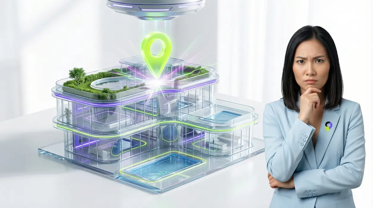 Aiyah, with a skeptical expression, observes a detailed 3D glass architectural model of a luxury spa, as a holographic tool lowers a glowing map pin onto its roof, symbolizing the solidification of its presence.