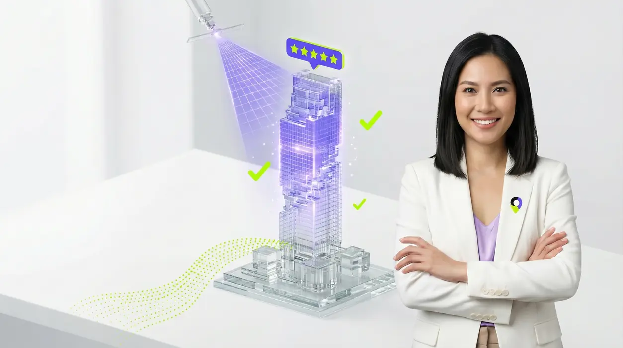 A confident woman in a crisp white blazer stands beside a pristine white studio desk featuring a 3D glass model of a modern Bangkok tower. A holographic tool projects a purple grid, scanning the building as neon green checkmarks and a 5-star rating badge appear, making the model shimmer. A stream of neon green dots flows towards the optimized building.