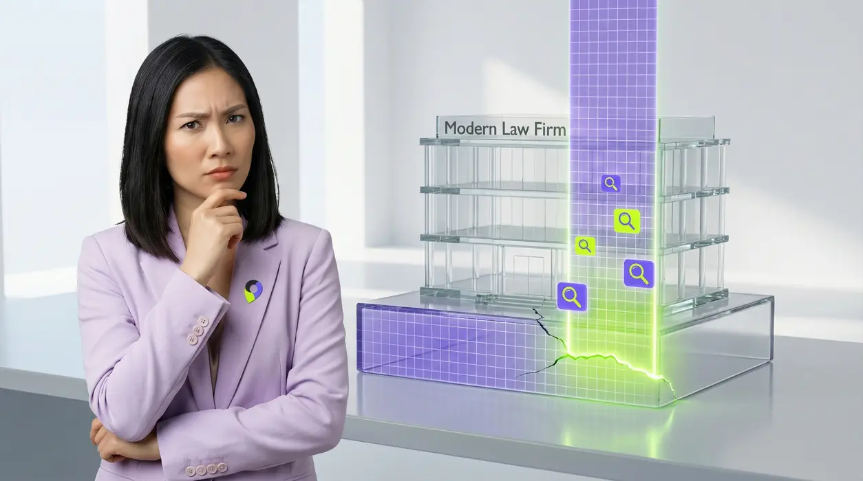Aiyah, with a skeptical expression, observes a pristine 3D glass model of a law firm. A purple grid beam scans the model, highlighting a hairline crack with holographic search icons, as a neon green light emanates, tracing and sealing the imperfection.