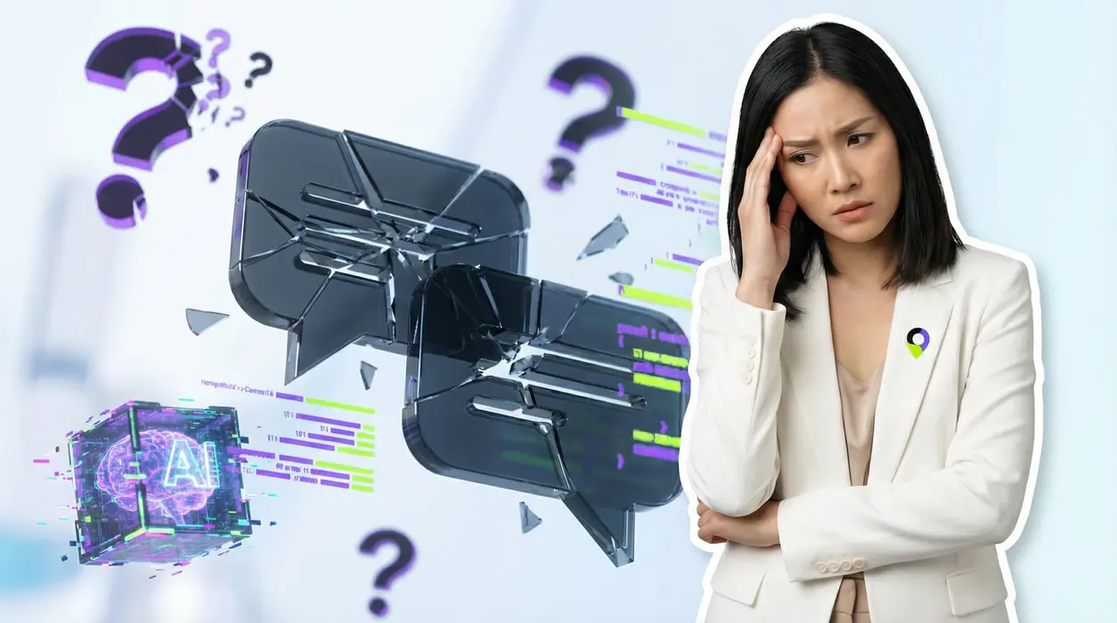 An overwhelmed woman standing in the foreground, with a blurred background showing shattered dark glass speech bubbles, dissolving question mark icons, and fragmented data streams representing a loss of information and confusion caused by a system change.