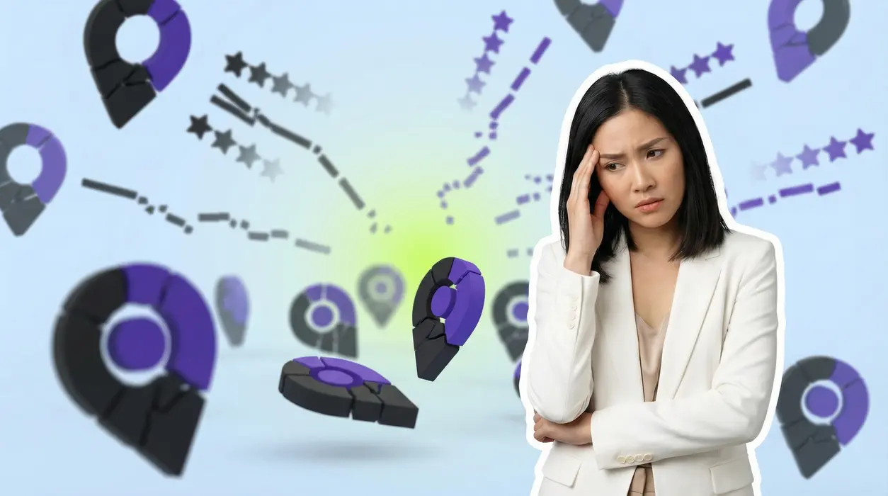 An overwhelmed woman standing in the foreground, with a blurred background featuring fractured Google Maps pins and fading review stars, representing a neglected online presence and missed opportunities.