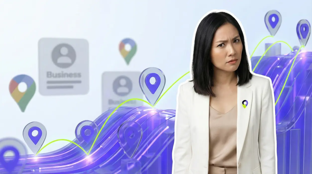 A skeptical woman stands in the foreground, looking at a blurred background where static, faded business profile icons are being replaced by vibrant, multiplying map markers and glowing purple and neon green data streams, symbolizing the transformation of local search visibility.
