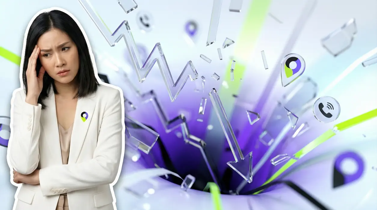 An overwhelmed woman standing in the foreground, with a blurred background showing rapidly falling and breaking data points, jagged downward-trending graphs, and dissolving map markers and phone icons, illustrating digital market volatility and business disruption.