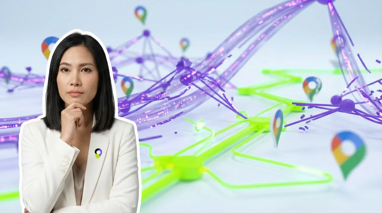 An analytical woman in the foreground, with a blurred background showing a disorganized network of purple data streams, fragmented map pins, and some emerging green, organized pathways.