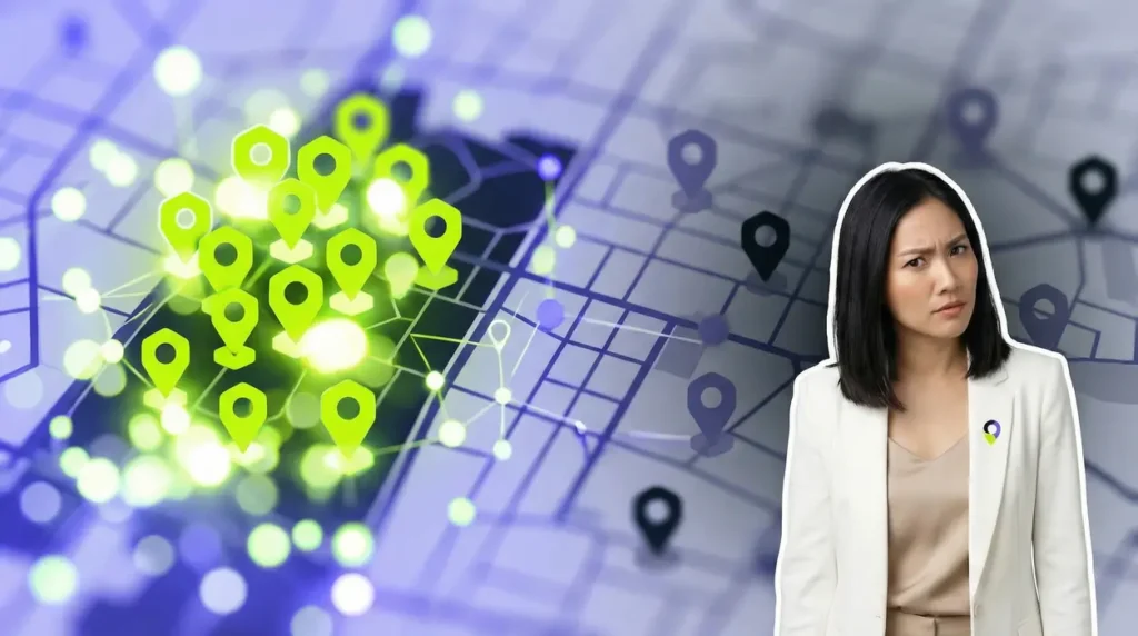 A young woman with a skeptical expression questions why a business might be invisible online. In the blurred background, a digital map shows some brightly highlighted location pins and other dim, obscured spots representing digital blind spots.