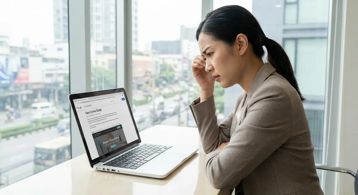 High-end editorial photography of a professional Thai woman in her early 40s, the owner of a modern dental clinic in Bangkok. She sits at a clean, minimalist desk, looking at her laptop with a thoughtful, slightly frustrated expression. The scene is illuminated by bright clinic lighting and soft natural daylight. On the laptop screen, a Google search result is visible, showing a simple, poorly-designed competitor website ranking above her own elegant one. The focus is on her authentic emotional reaction to this business challenge. The background is a slightly out-of-focus, high-end clinic interior.