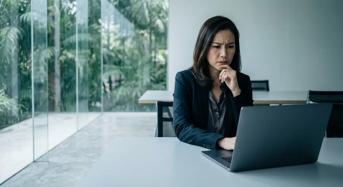 High-resolution photograph of a professional Thai businesswoman in her 40s, looking thoughtful and concerned at her laptop screen. She is sitting in a modern, minimalist Bangkok office with polished concrete floors and a large glass wall showing lush greenery outside. The lighting is bright, cool natural daylight, creating a clean and professional atmosphere. The color palette is dominated by blues, whites, greys, and fresh greenery. Shot with a Sony A7R IV, 35mm lens, with a shallow depth of field focusing on the woman. The scene should feel like a high-end, air-conditioned business environment. NO TEXT on screen or in the background.