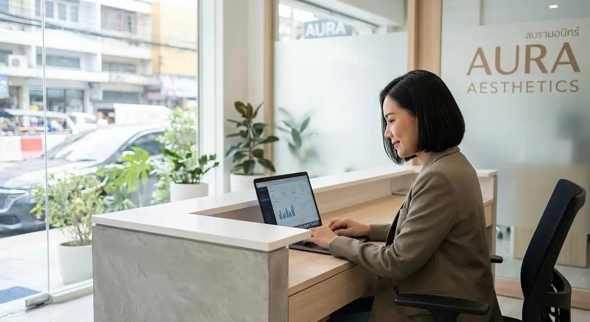 High-end editorial photography of a professional Thai woman in her late 30s, the owner of a modern aesthetics clinic in Bangkok. She is sitting at the clean, minimalist reception desk, calmly looking at a laptop screen displaying simple business analytics graphs. The clinic has a bright, airy feel with cool white clinic lighting and natural daylight coming through the front window. She is focused and confident, not stressed. The setting is clearly a ground-floor business, not a corporate office.