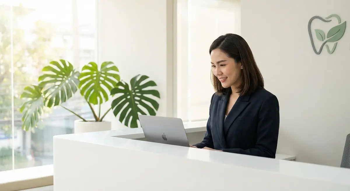 Editorial photo of a 35-year-old Thai female owner of a modern dental clinic in Bangkok. She is looking at her laptop with a focused and determined expression, not stressed. The setting is her bright, minimalist clinic reception area, with clean white walls and green plant accents. The lighting is cool, natural morning light coming from a large window. The focus is on her, conveying professionalism and control. High-end, shallow depth of field.