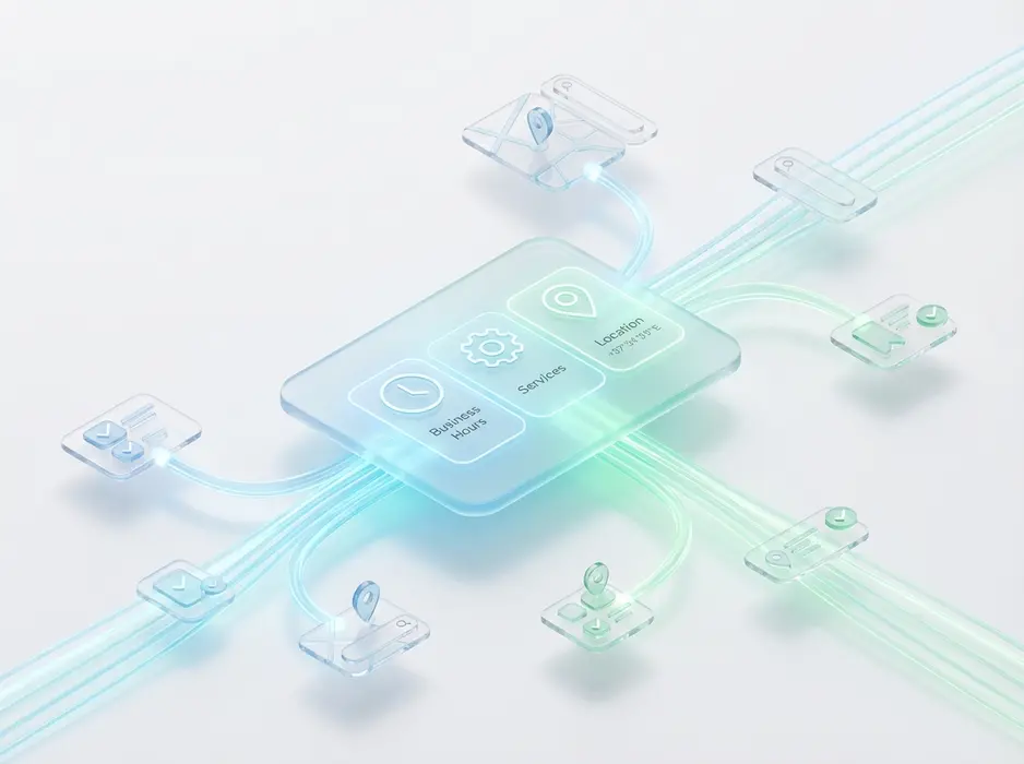 Premium 3D isometric art. A central, glowing glass UI panel displays a simplified business profile with icons for business hours, services, and location. From this central panel, clean data streams of blue and green light flow outwards to connect with and update multiple smaller, floating UI elements representing various online directories and maps. The entire scene is set against a clean, bright white background, conveying automation, accuracy, and efficiency. Style is minimalist glassmorphism.