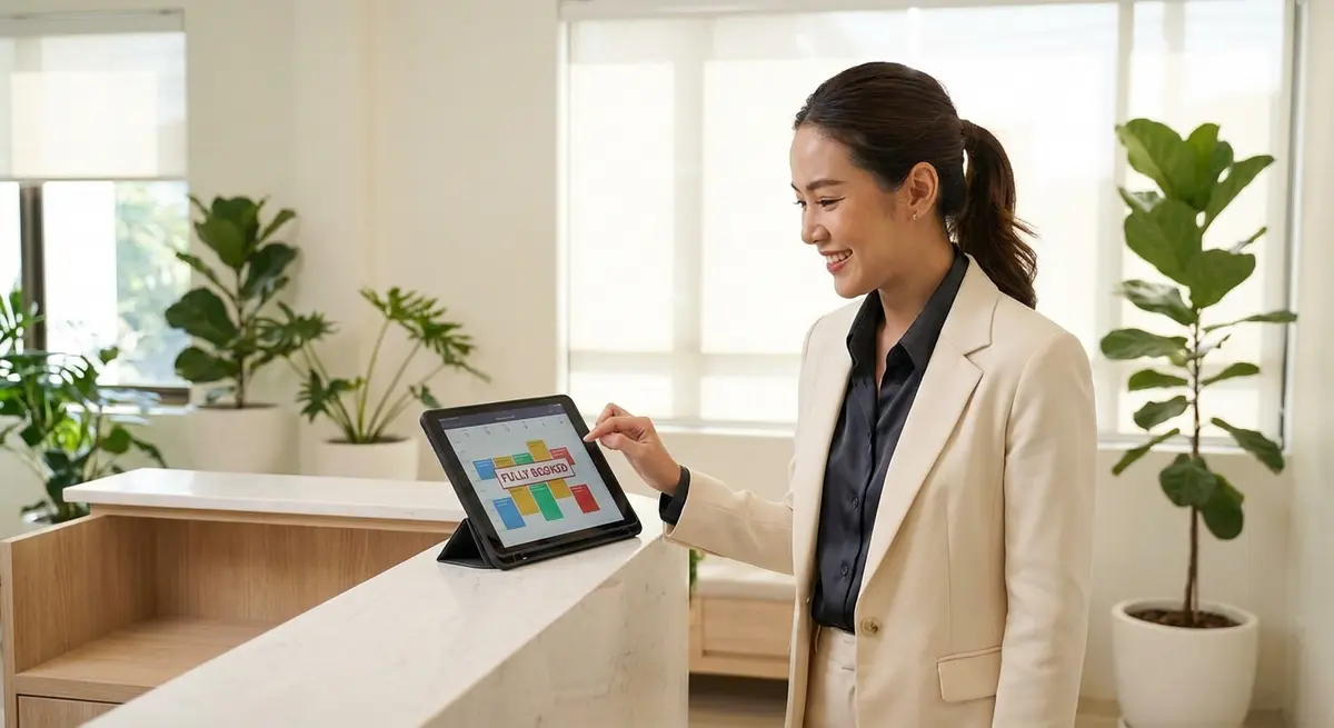 High-end editorial photography of a professional Thai female clinic manager in her late 30s. She is at the reception desk of a modern, minimalist aesthetic clinic in Bangkok, smiling with satisfaction while looking at a tablet screen showing a fully booked appointment calendar. The setting is bright and clean, filled with cool, natural morning daylight. Medium shot, capturing her calm confidence and the tangible result of a full schedule.
