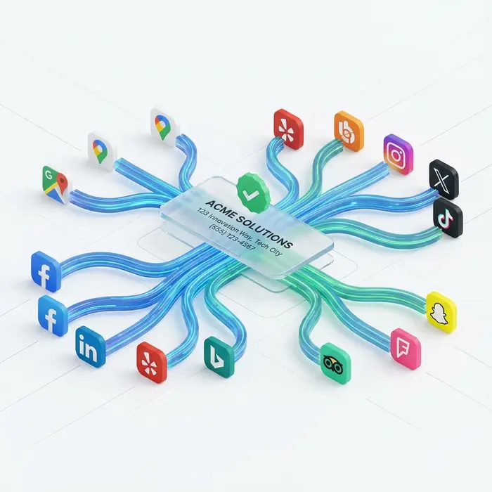 Premium 3D art, isometric view. A central, floating glass panel cleanly displays a business profile (name, address, phone) with a green 'verified' checkmark. From this central panel, organized, glowing blue and green data streams push outwards to a dozen smaller, abstract logos representing online maps, directories, and social media. The visual metaphor is software creating digital consistency and trust. The background is a stark, clean white with subtle grid lines.