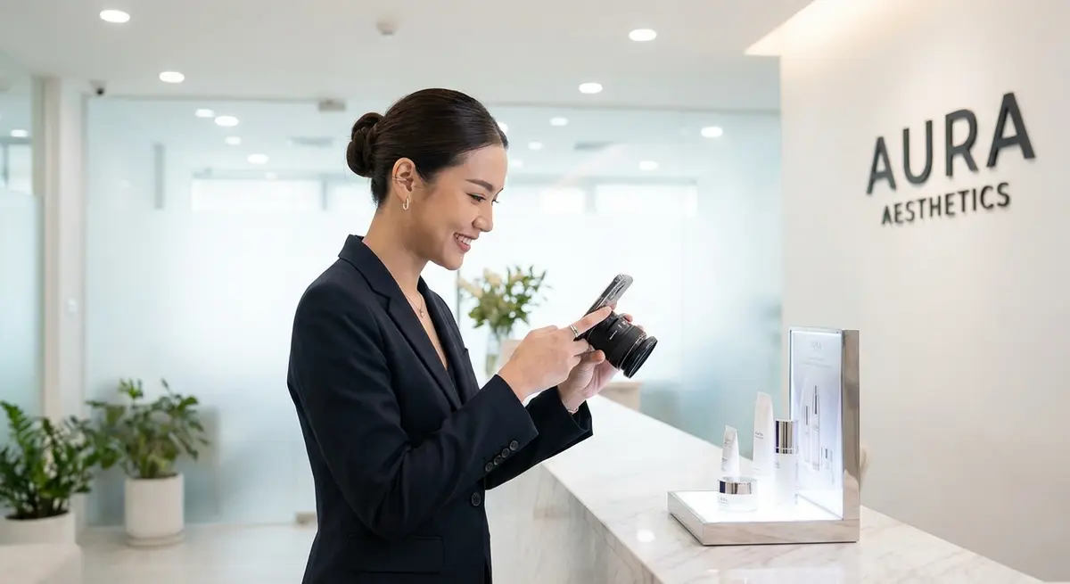 High-end editorial photograph of a professional Thai woman in her early 30s, the owner of a modern aesthetic clinic. She is standing in the clean, brightly lit reception area of her clinic, using her smartphone to take a high-quality photo of a new product display on the counter. The lighting is bright and clean, like 