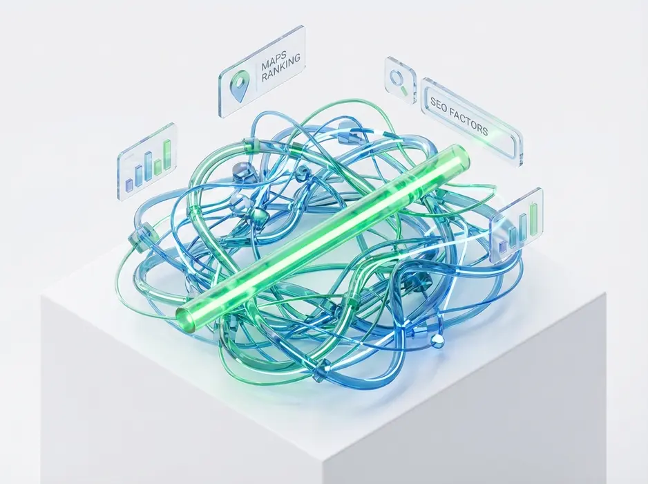 Premium 3D art, isometric view. A glowing, abstract representation of a Google Maps ranking algorithm visualized as a complex, tangled network of blue and green data pathways on a clean white background. In the middle of the chaos, there's a single, clear, bright green line representing the simple, direct path of mastering the basics. The style is clean, glassy, and conceptual, with floating UI elements like chart fragments and location pins. This visualizes the abstract concept of SEO ranking factors.