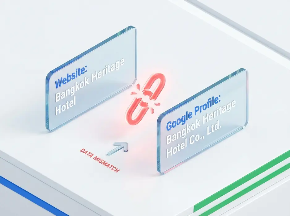 Premium 3D art, isometric view. A visualization of a data inconsistency algorithm. On a clean white background, two floating glass UI cards are shown side-by-side. The left card says 'Website: Bangkok Heritage Hotel' and the right card says 'Google Profile: Bangkok Heritage Hotel Co., Ltd.'. A glowing red broken-link icon floats between them, indicating a mismatch. The style is minimalist, clean, with bright clinic lighting and brand colors of white, blue, and green.