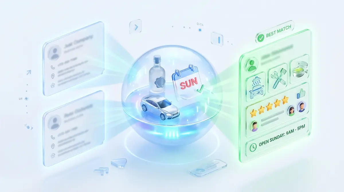 Premium 3D isometric art visualizing an AI search algorithm. A central, glowing user query bubble contains icons representing a car, a wax bottle, and a calendar for Sunday. From this bubble, soft light beams analyze three floating business profile cards. Two cards are faded and generic. The third 'winning' card is brightly illuminated in green, clearly displaying detailed icons for services, positive reviews, and specific opening hours. The entire scene is rendered in a clean, glassmorphism style with a white, blue, and green color palette, set against a bright, clean background with subtle floating UI elements.