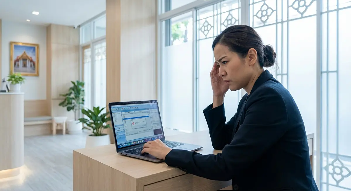 High-end editorial photography of a stressed but professional Thai female clinic manager, mid-30s, looking at a laptop screen with a frustrated expression. The setting is the bright, modern reception area of a dental clinic in Bangkok, with subtle Thai design elements. The lighting is cool, clean, and bright, mimicking natural morning light coming through a window. The focus is on her emotional reaction to a technical problem on the screen. Shallow depth of field.