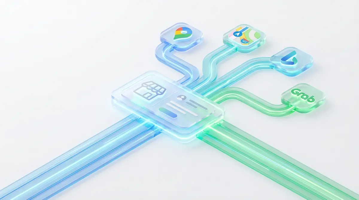 Premium 3D art, isometric view. A central, glowing glass card representing a small business profile floats on a clean white background. From this central card, organized streams of clean data seamlessly flow outwards, connecting to simplified 3D glass logos for Google Maps, Apple Maps, Bing Maps, and Grab. The visual metaphor is a smooth, automated software integration managing online listings. The color palette is strictly white, blue, and green, with a bright, clinical aesthetic.