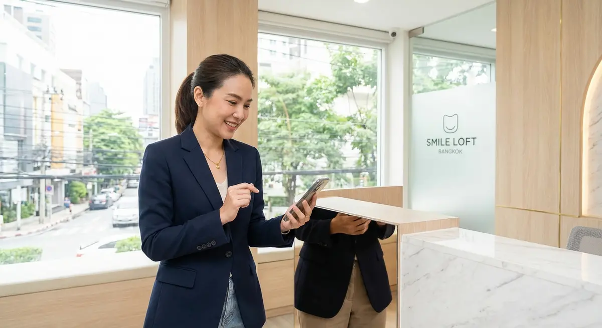 High-end editorial photography, a focused Thai female clinic owner in her late 30s, standing in the bright reception of her modern Bangkok dental clinic, she holds a smartphone and looks at it with a positive expression, reviewing her business profile, soft morning natural light, cool white tones, professional and authentic SME context.