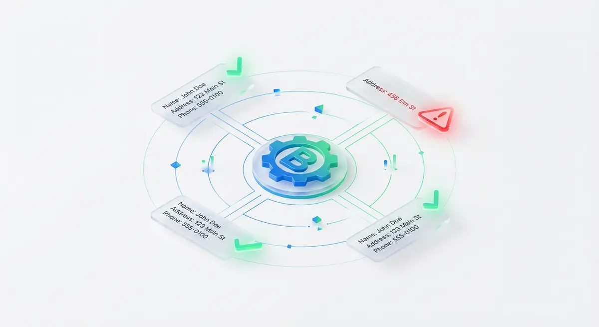 Premium 3D isometric art, visualizing business data consistency, a central business icon is surrounded by floating UI elements on a white background, frosted glass cards display Name, Address, and Phone data, most cards have a green checkmark, but one address card has a red warning icon to show inconsistency, abstract data lines, clean and minimalist, brand colors of white, blue, and green.