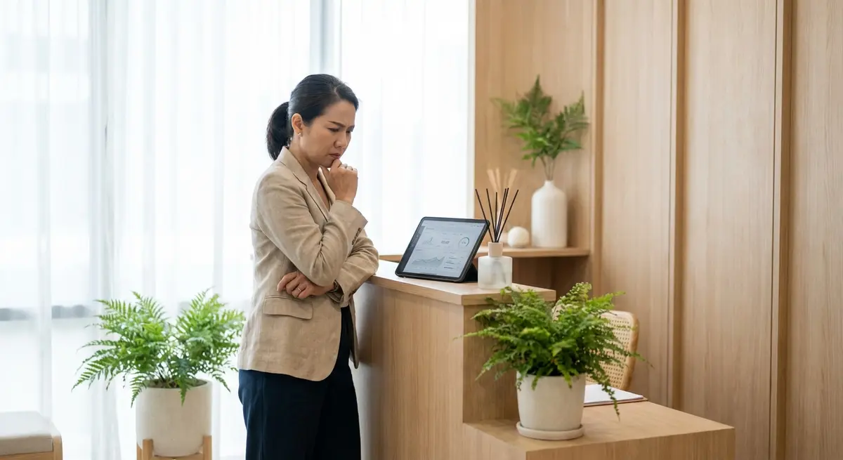 High-end editorial photography of a Thai female spa owner in her early 40s, looking thoughtful and slightly concerned while reviewing analytics on a tablet. She is standing in her modern, minimalist wellness spa in Thong Lo, Bangkok. The background features clean lines, natural wood elements, and soft green botanicals. The scene is illuminated by bright, cool morning natural light coming through a large window, creating a clean and professional atmosphere. She is dressed in a chic, professional uniform. This is a human experience shot about business stress.