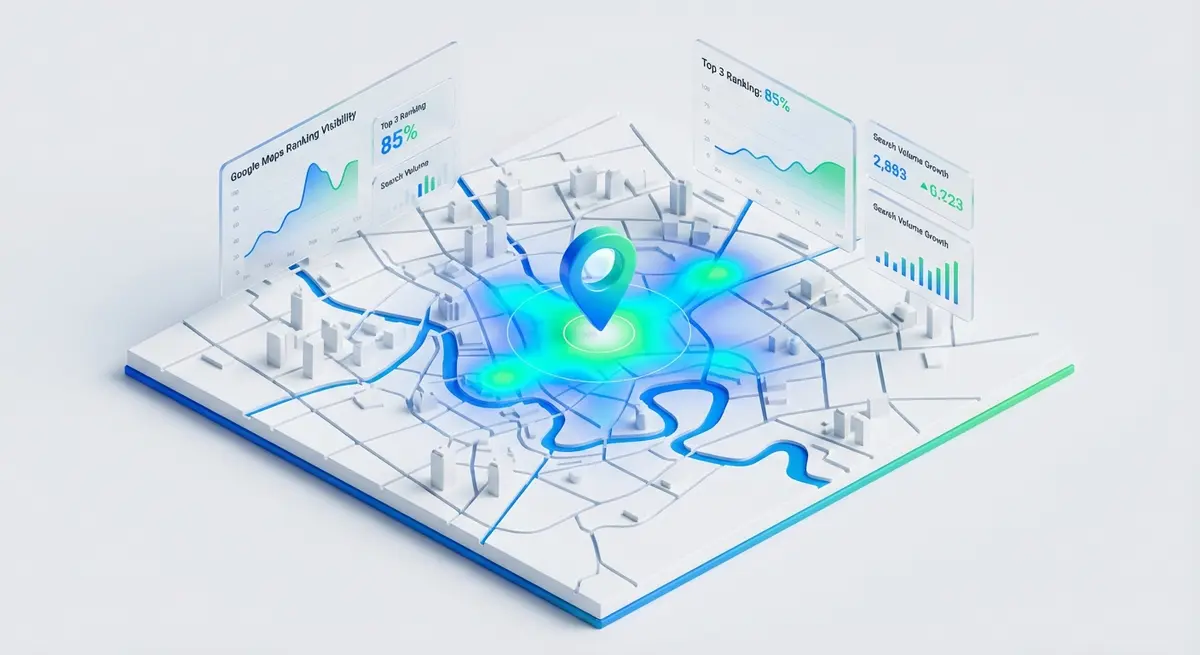 Premium 3D isometric art of a stylized, minimalist map of Bangkok. A glowing green and blue heat map radiates out from a central business pin, visualizing Google Maps ranking visibility. Floating above the map are clean, glassmorphic UI elements showing data charts and ranking percentages. The overall color palette is a professional mix of white, blue, and green. The style is clean, technical, and conceptual, illustrating an abstract software concept like an algorithm's ranking footprint.