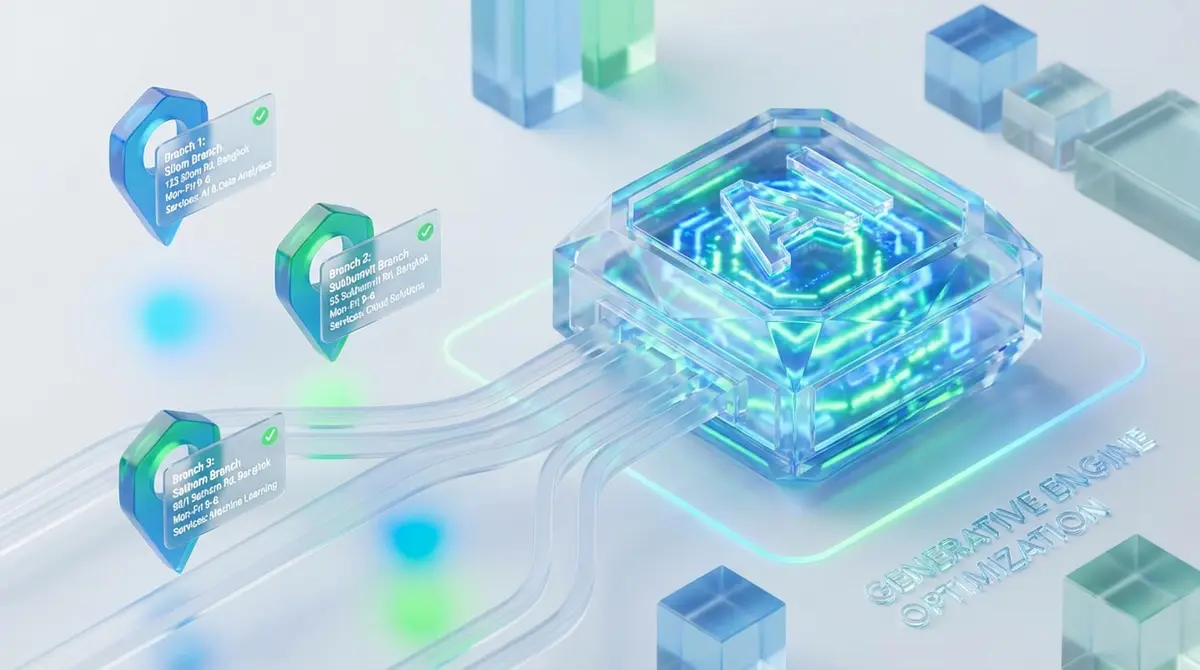 Premium 3D isometric art of a glowing, abstract AI core processing information. From the left, clean data streams flow from three distinct map location pins representing different business branches in Bangkok. Each pin has a floating UI card with perfectly accurate business details (address, hours, services) marked with a green check. The scene is rendered in a minimalist glassmorphism style, set against a clean white background with blue and green accents, conveying the concept of Generative Engine Optimization. --ar 16:9