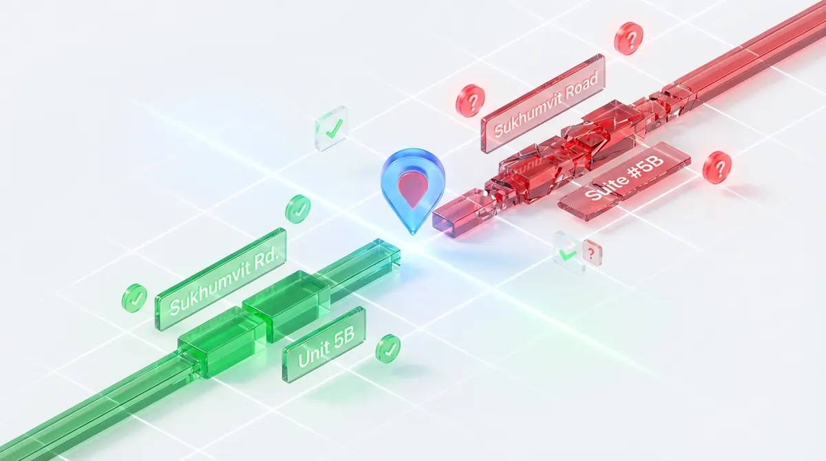 Premium 3D isometric art visualizing an algorithm's confusion. On a clean white grid, two data streams flow towards a glowing Google Maps pin icon. The first stream is a solid, clean green line made of glass, containing consistent data blocks labeled 