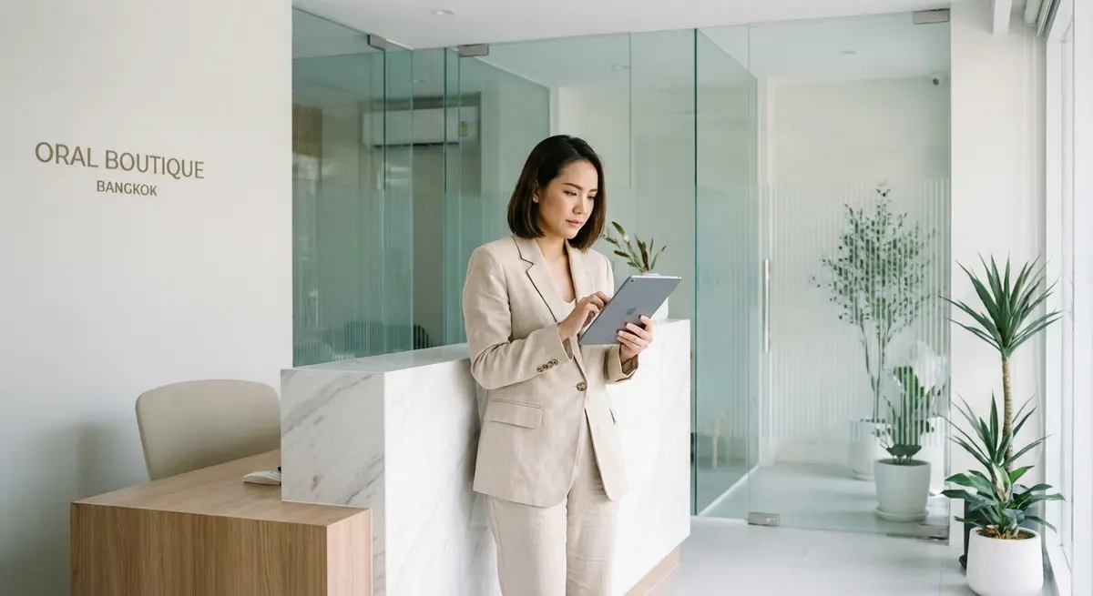 High-end editorial photography of a professional Thai female clinic owner in her late 30s, standing in the modern reception area of her dental clinic in Bangkok. She is looking thoughtfully at a tablet she holds, analyzing business performance. The lighting is bright, clean, cool white, like morning natural light flooding the pristine space. The background is slightly blurred, showing the clean lines of the reception desk and minimalist decor. She has a focused, professional expression.