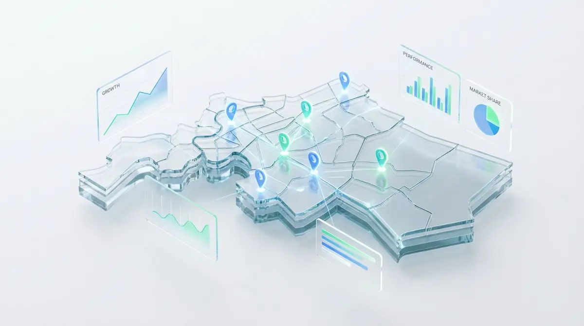 Premium 3D isometric art of a floating glass map of a Bangkok city district like Sukhumvit. On the map, several glowing green and blue pins represent business rankings. Floating next to the map are minimalist UI data visualization elements showing charts and graphs with increasing performance. The entire scene is on a clean white background, with a clean, tech-forward aesthetic using a color palette of white, blue, and green.