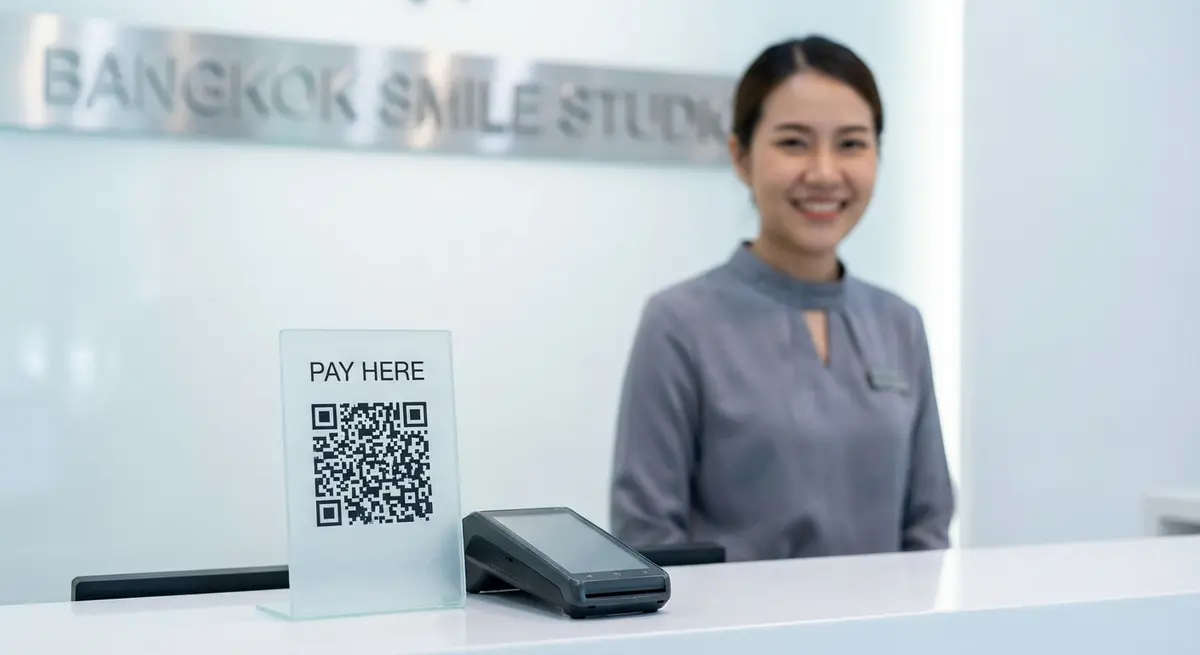 High-end editorial photography of a friendly Thai female receptionist at the checkout counter of a modern, minimalist dental clinic in Bangkok. The counter is clean white. In the foreground, a small, elegant vertical card with a QR code is placed next to a payment terminal, in sharp focus. The receptionist is in the background with a soft, welcoming smile, creating a feeling of professional service, not a pushy sales environment. Lighting is bright, cool white clinic lighting.