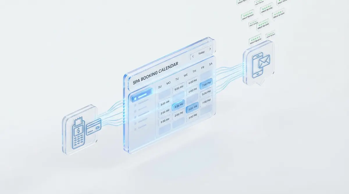 Premium 3D art, isometric view. A central floating glass UI element representing a spa's booking calendar. Glowing blue lines connect it to other floating glass icons: a payment terminal icon and an SMS/email icon. From the SMS/email icon, a gentle stream of 5-star review notifications (in green and white) flows upwards. The entire scene is set against a clean, minimalist white background, illustrating a seamless software integration and automated ROI.