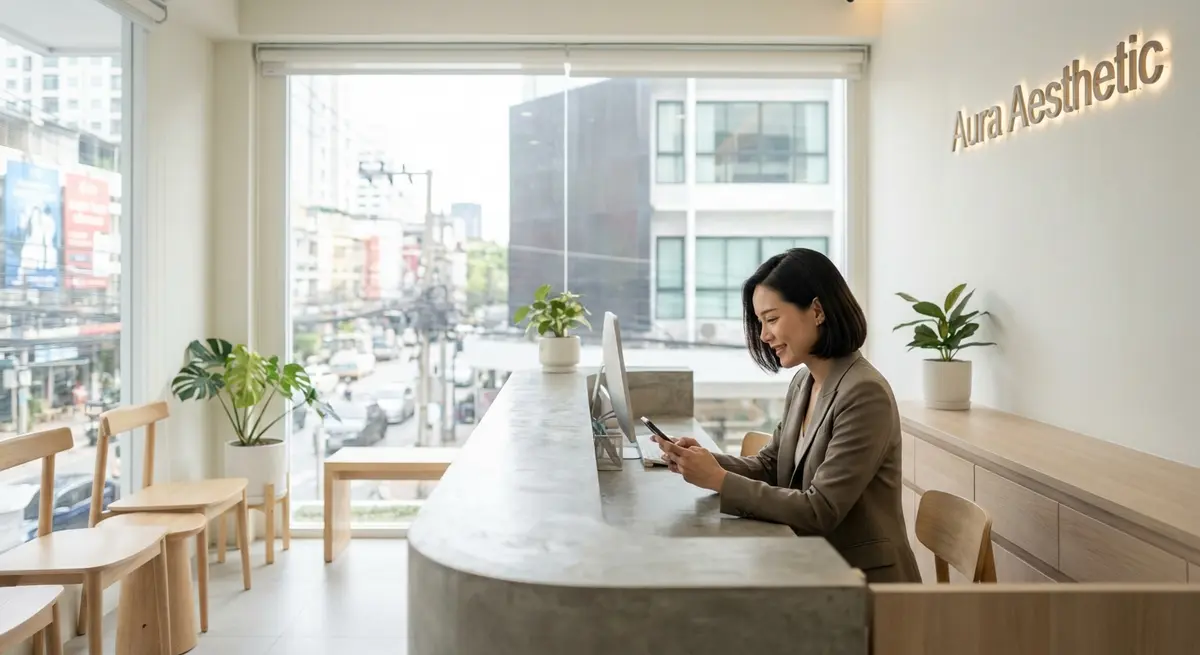 High-end editorial photography of a modern Thai female owner of a chic aesthetic clinic in Bangkok. She is in her early 30s, looking focused and pleased while using her smartphone, likely replying to a positive customer review. The setting is the bright, clean reception area of her business, featuring minimalist decor. The lighting is cool, natural morning daylight coming from a large window. Shot on a Sony A7 IV, 50mm f/1.8 lens, shallow depth of field.