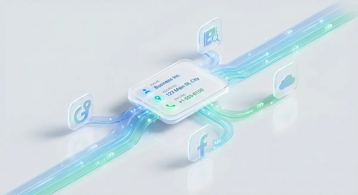 Premium 3D isometric art illustrating the concept of business data synchronization. In the center, a floating, polished white dashboard displays clear icons for Name, Address, and Phone. Clean, illuminated blue and green data lines flow outwards from this central dashboard to multiple sleek, glass-effect logos of online platforms like Google Maps, Facebook, and other directories. The entire scene is set against a minimalist light gray background with bright, clean clinic lighting, conveying efficiency and software integration. Glassmorphism style.