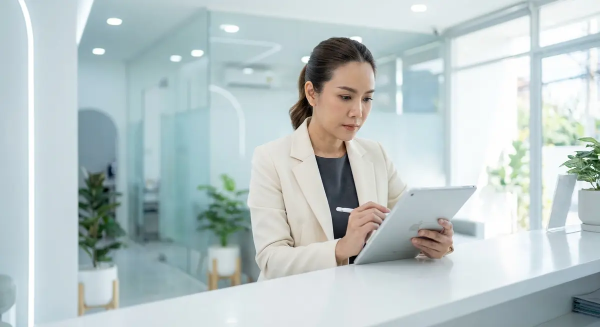 High-end editorial photography. A focused Thai female owner of an aesthetic clinic in Bangkok, in her early 40s. She is sitting at a minimalist white counter, using a tablet to update her business's online profile. The background is the clean, bright interior of her modern clinic. The lighting is bright clinic lighting, cool white and natural. She has a look of calm concentration. Shot on a Sony A7 IV, 50mm f/1.8 lens, shallow depth of field.