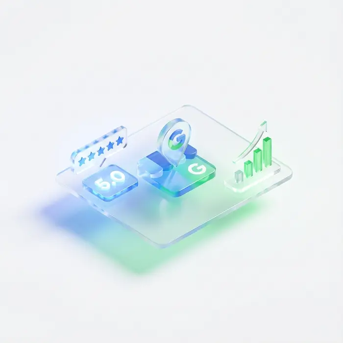 Premium 3D art, isometric view. A glowing, simplified dashboard interface floats in a clean white space. The interface shows elements representing a Google Business Profile: a 5-star review icon, a map pin icon, and a small bar chart showing positive growth. The elements are made of translucent glass and rendered with soft shadows. The color palette is strictly white, blue, and green. Minimalist and sleek.